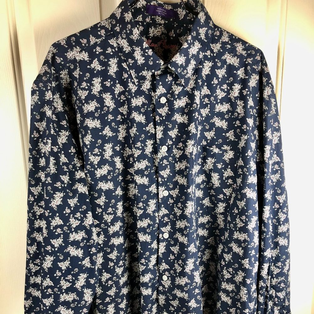 Alan Flusser Navy Floral Long Sleeve Button Down Men's Shirt - Size Extra Large